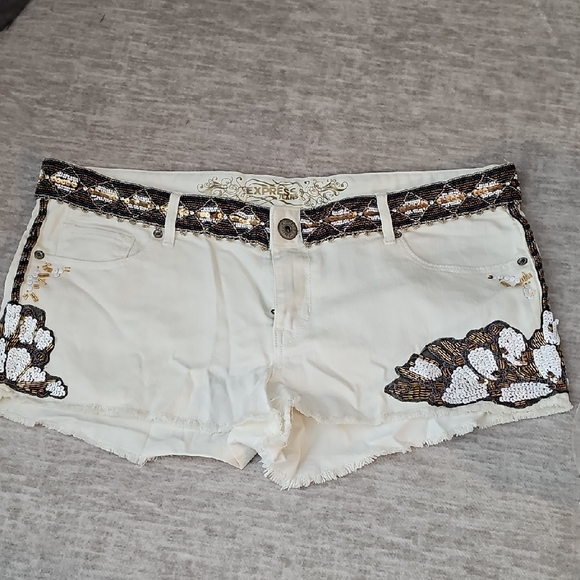 Express Pants - Express Women's Cream and Black Sequin Jean Shorts